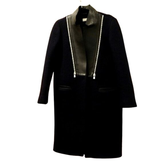 SANDRO~Mantreau~BLACK WOOL & LEATHER WOMENS COAT SIZE 42/ US 10 NEAR NEW - Picture 1 of 10